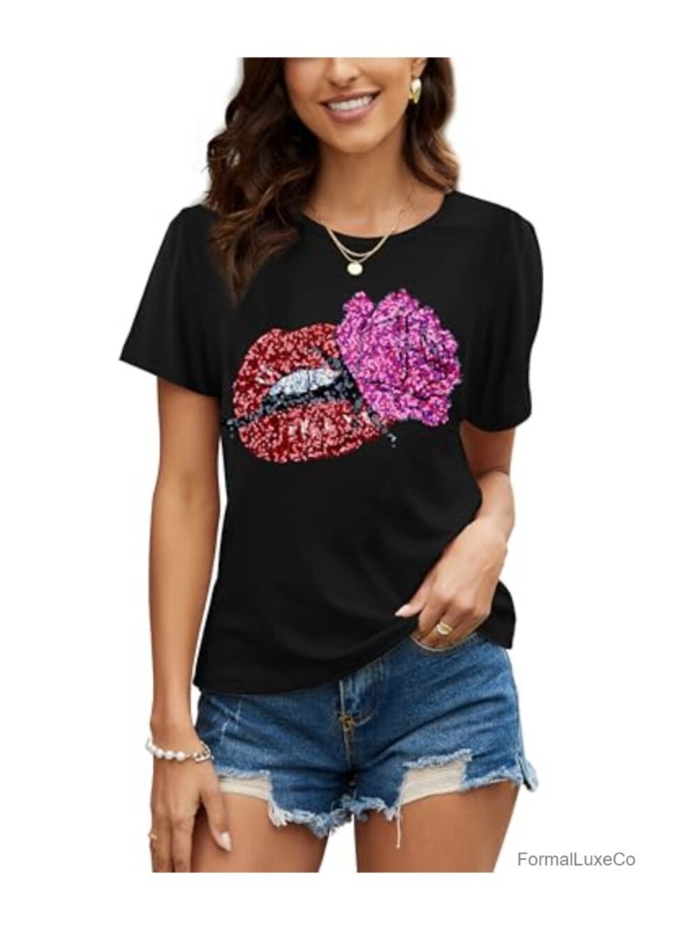 Womens Sequin Floral T-Shirt Short Sleeve Crew Neck Relaxed Fit Tee